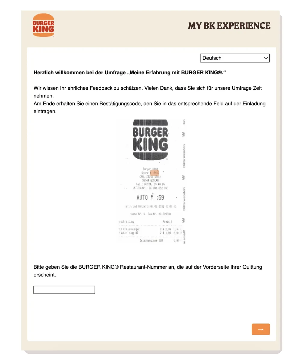 My Burger King Experience Seite zur Eingabe der Restaurantnummer