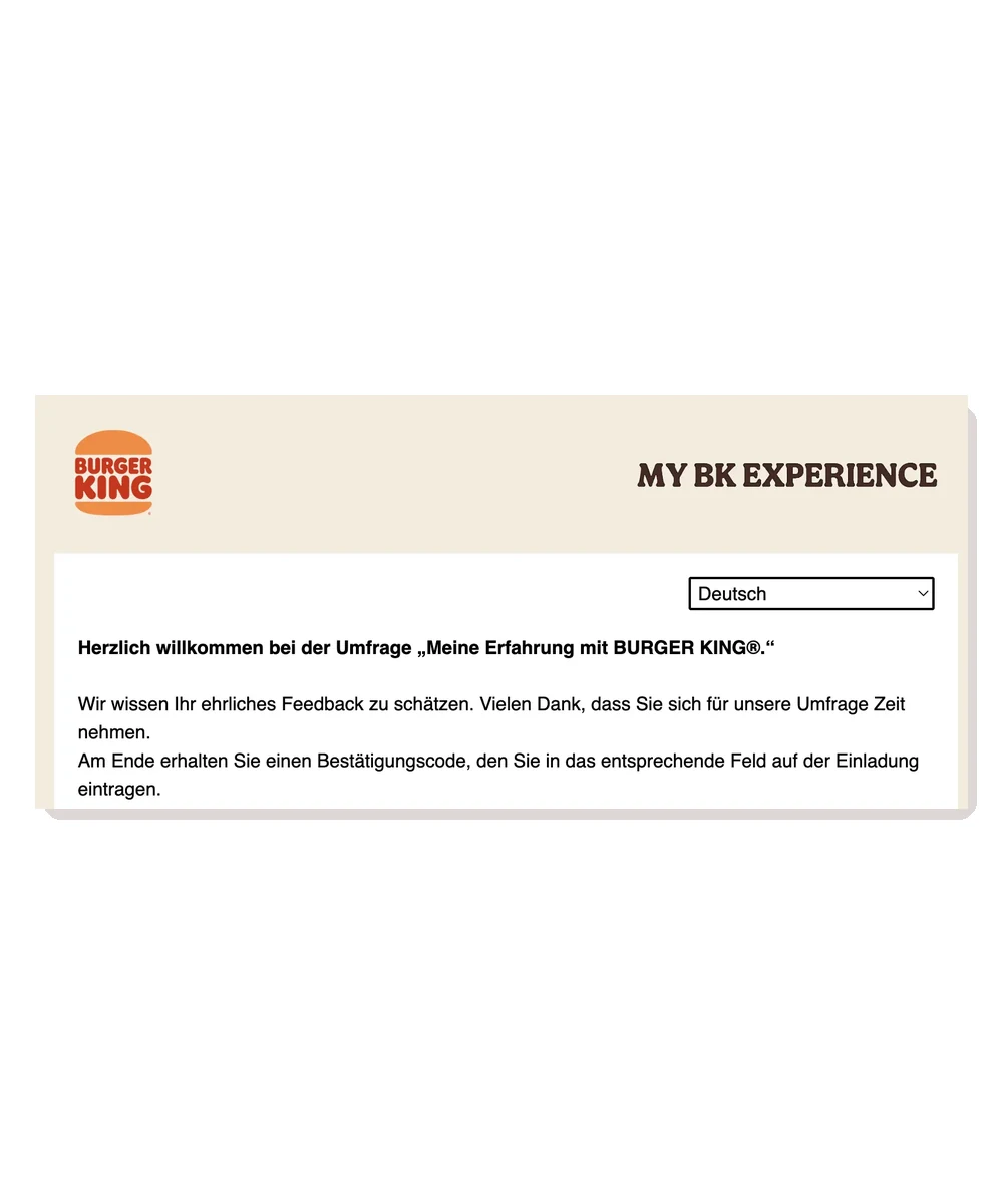 My Burger King Experience Begrüßungsseite mit Sprachauswahl