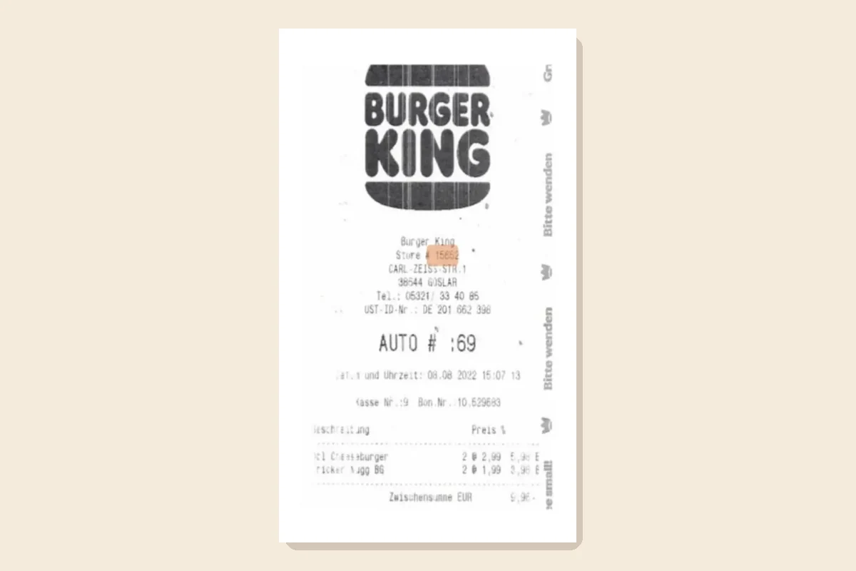 Burger-King-Beispielbeleg mit Restaurantnummer, Datum und Uhrzeit