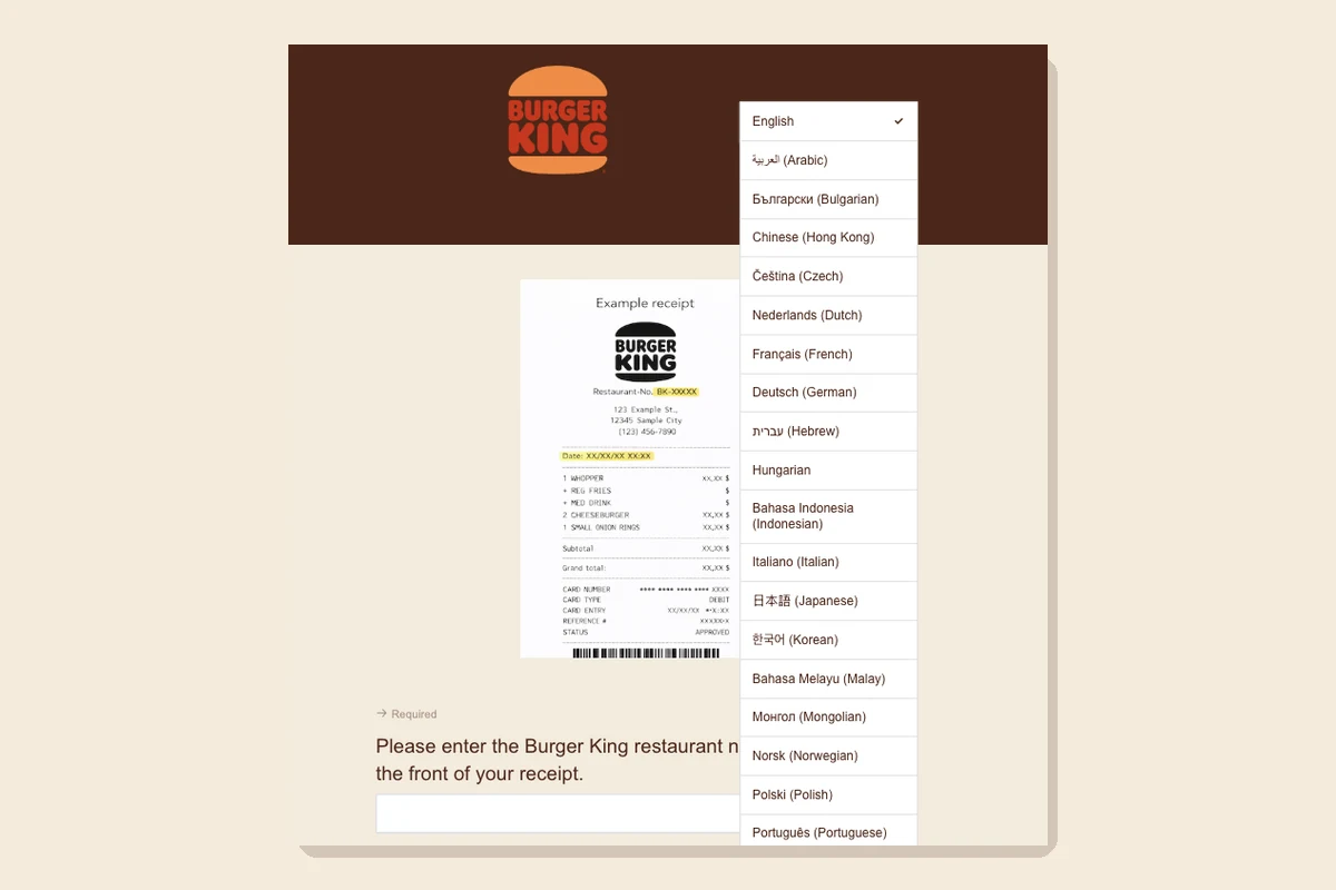 Offizielle Burger-King-Survey-Oberfläche mit geöffneter Sprachauswahl