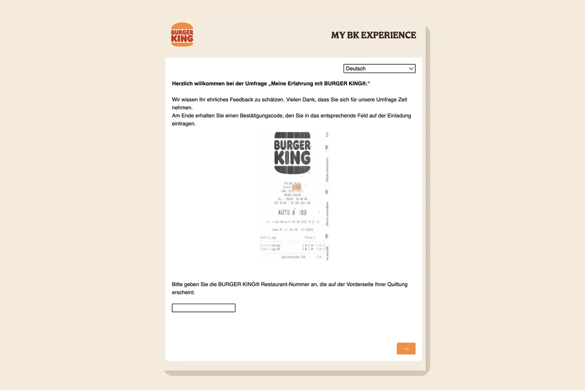 My Burger King Experience Formular mit Restaurantnummer und Beispielkassenbon